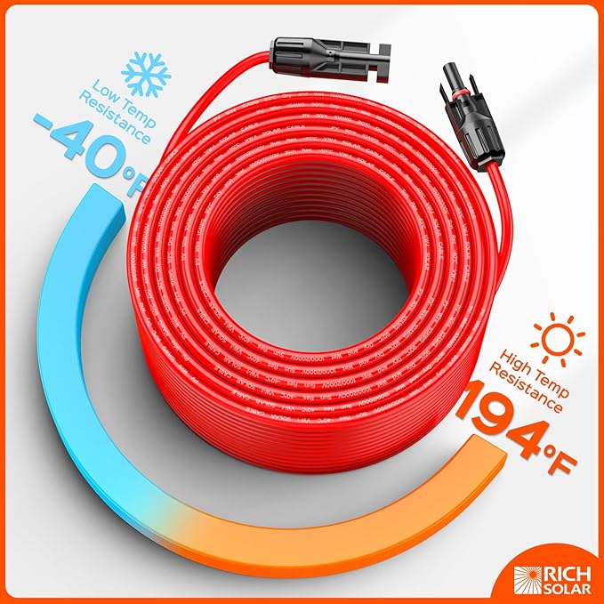 RICH SOLAR 10 Gauge 10AWG One Pair 50 Feet Red + 50 Feet Black Solar Panel Extension Cable Wire with Female and Male Connectors (50FT 10AWG)