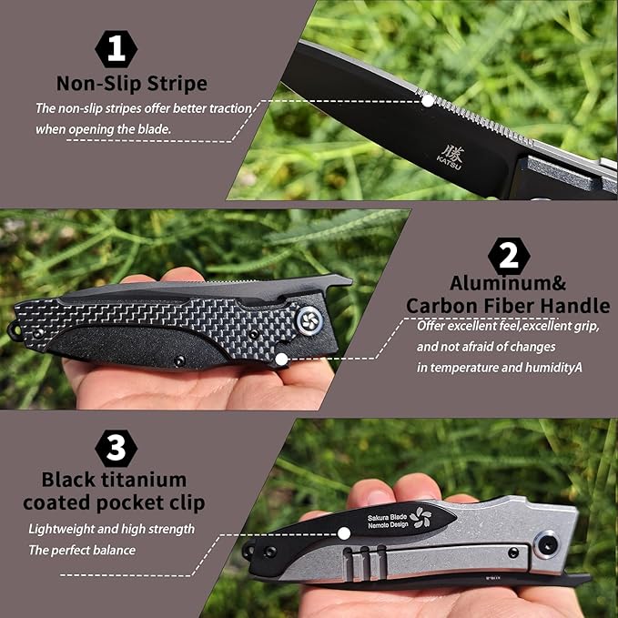 KATSU Japanese Folding Pocket Knife For Men Women Sakura Blade Nemoto Design 3.5 AUS-8 Steel Blade EDC Knife with Pocket Clip for Indoor &amp Outdoor Camping Fishing Hiking (Black)