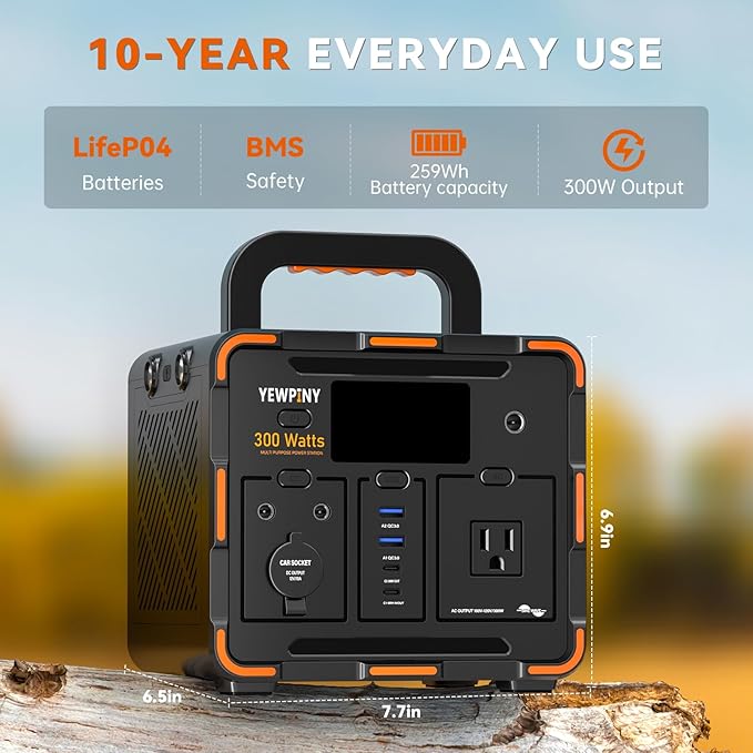 300W Portable Power Station Solar Generator 259Wh 70000mAh LiFePO4 Battery with 65W USB-C PD&ampPure Sine Wave AC Solar Charging for CampingHome BackupEmergency Power(SOS Light &amp LCD Displa