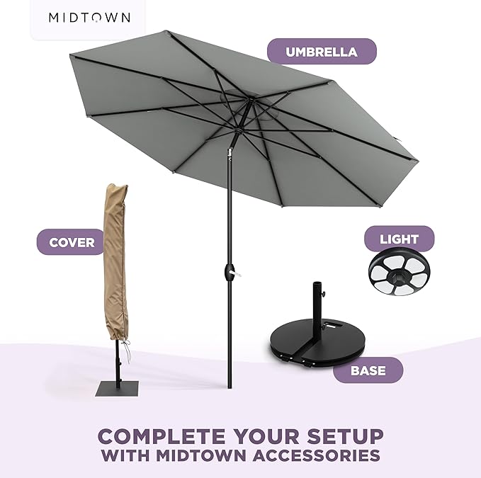 Midtown Umbrellas - 10-Year-No-Fade 6 Ft Patio Umbrella with Terylast Fabric Auto-Tilt Aluminum Frame and 8 Reinforced Ribs for Deck Pool Garden &amp Beach - Grey Canopy Black Pole