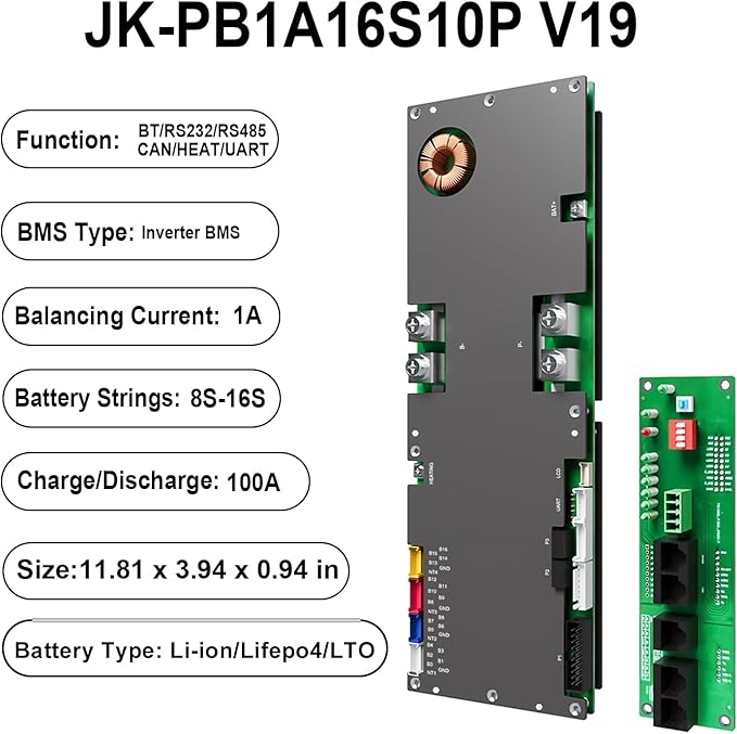 JKBMS Inverter BMS 8S-16S 24V-48V 100A – V19 Home Energy Storage BMS with UART Port 1A Active Balance Built-in Bluetooth RS485 &amp CAN for Solar System (JK-PB1A16S10P V19)