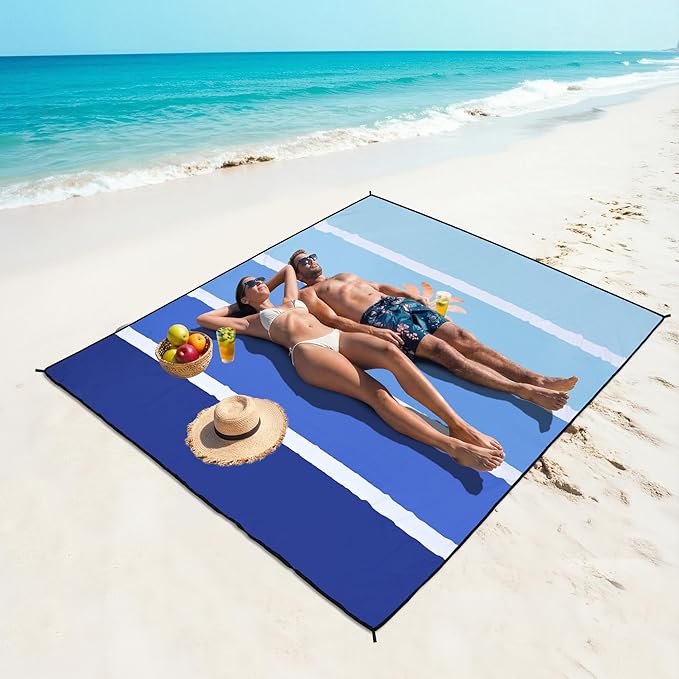 WIWIGO Beach Blanket Waterproof Sandproof Beach Mat 79 X 83/10'x9'for 2-8 Adults Quick Drying Outdoor Picnic Mat Beach Accessories for Travel Camping Hiking