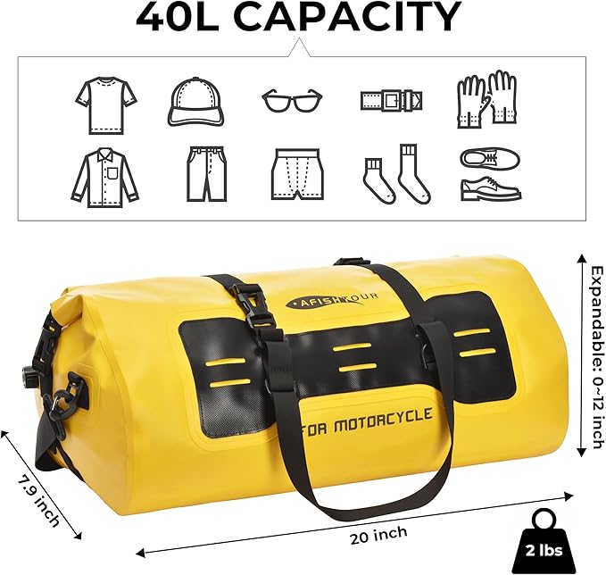 40L Waterproof Motorcycle Duffel Bag - Motorcycle Luggage Tail Bag with Straps for Back Seat - Roll Top Dry Bag for Kayaking Rafting Boating Camping Travel Beach (Yellow)