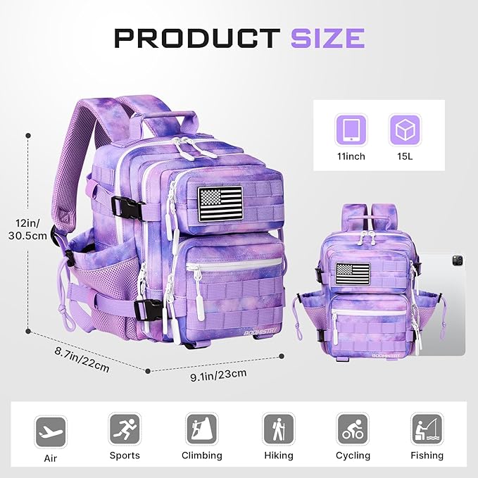 Boomistry 15L Mini Tactical Backpack Small Tactical Backpack for Women Military Backpack for Gym Hiking Daily (Purple Nebula-15L)