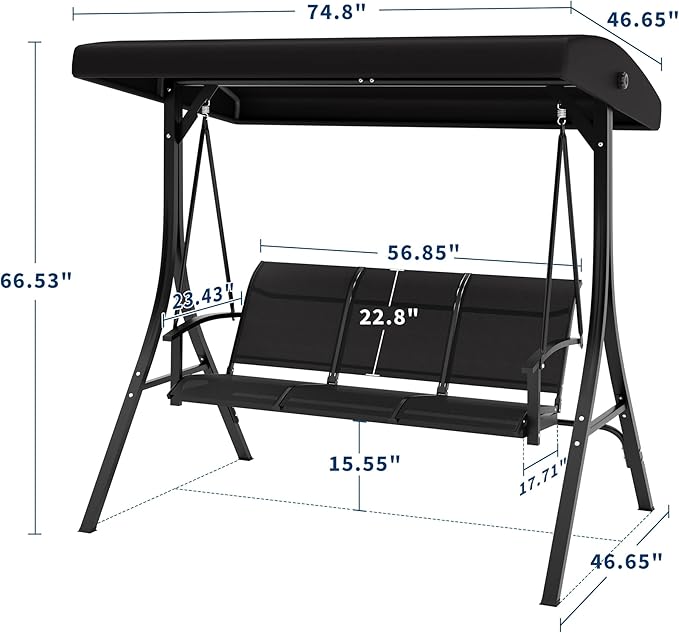 3-Seat Patio Swing Chair with Adjustable Canopy - Heavy-Duty Outdoor Porch Swing for Adults with Breathable Textilene Armrests Seat- Perfect for Backyard Poolside &amp Garden Relaxation Black