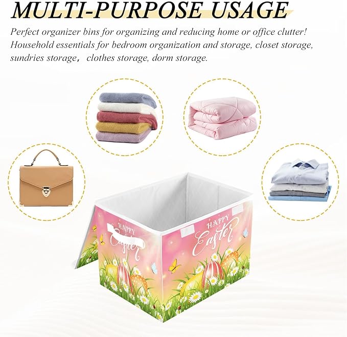 senya Easter Storage Baskets Collapsible Storage Bins with Lids Happy Easter Eggs and Butterfly Storage Boxes Clothes Baskets for Organizing