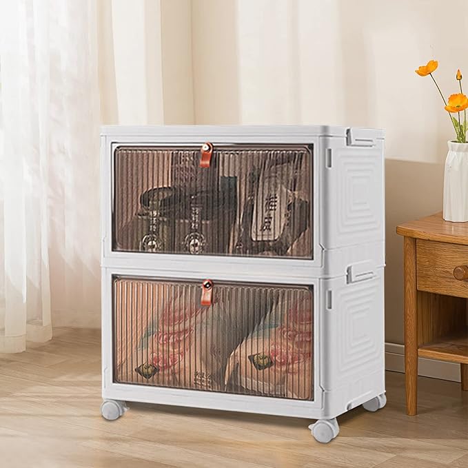 Ergocar Foldable Storage Boxes Transparent Plastic Storage Boxes with Lid Stackable Large Capacity Organiser Thick and Durable for Bedroom Wardrobe Office Garage