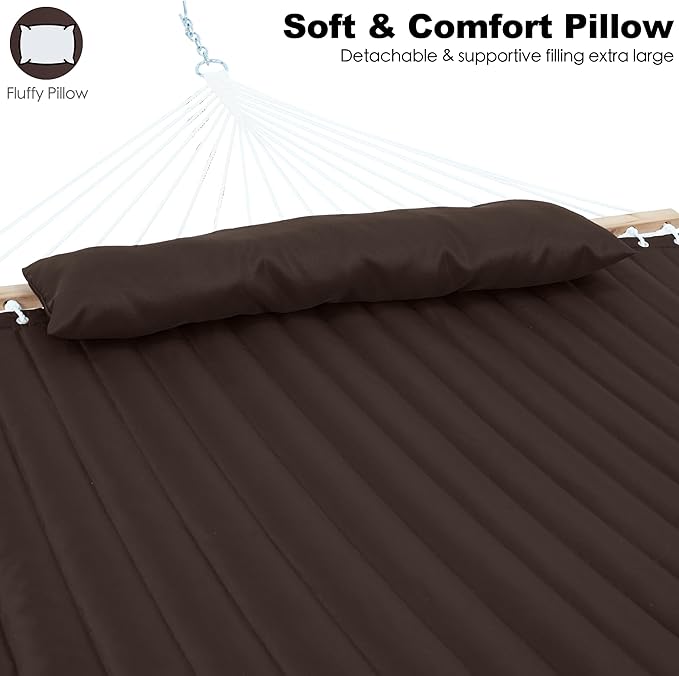 GAFETE Hammock 2 Person Quilted Fabric Hammocks for Outside Double 12ft Hammocks with Spreader Bar Large Removable Pillow Storage Bag Carabiners Max 475 lbs Capacity (Coffee)