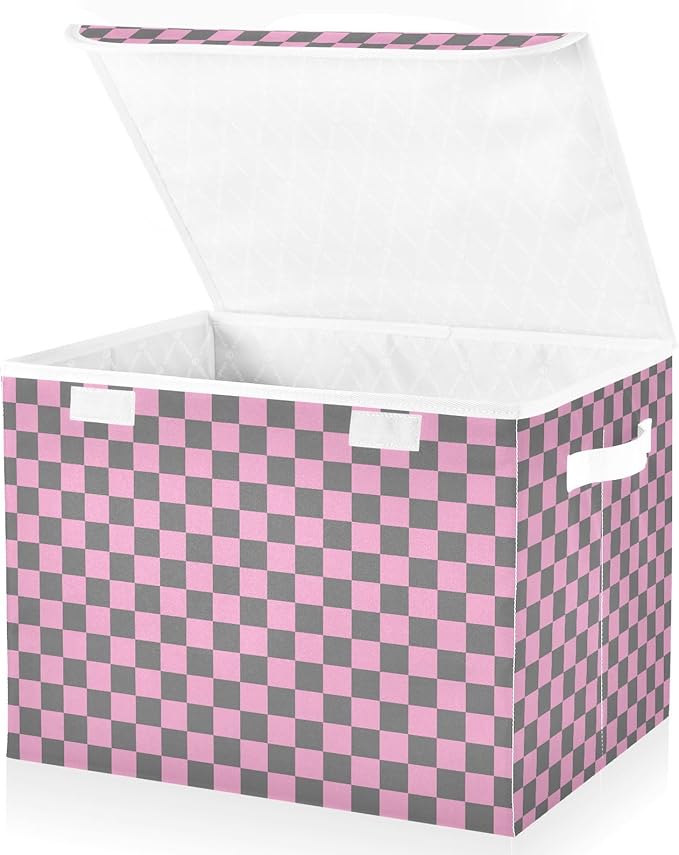 Pink Grey Checkerboard Storage Baskets Lidded Bin Foldable Storage Boxes Cubes Lids with 2 Handles for Organizing Closet Home Office