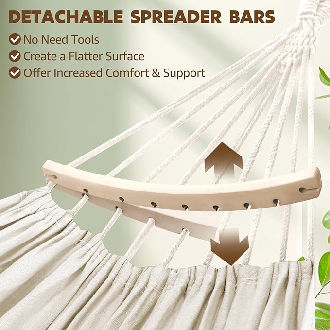 Chihee Cotton Hammock Holds Up to 660lbs Fabric Hammock 8.9x4.9ft Soft Portable Tree Hammocks Camping with Detachable Spreader Bar Pillow 2 Strong Webbings 2 Carabiners Indoor Outdoor Backyard Garden