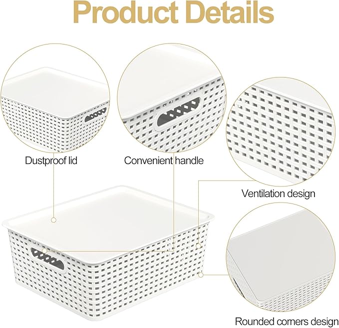 6 Packs Plastic Woven Storage Basket with Lid Stackable Lidded Storage Baskets for Shelves (White)