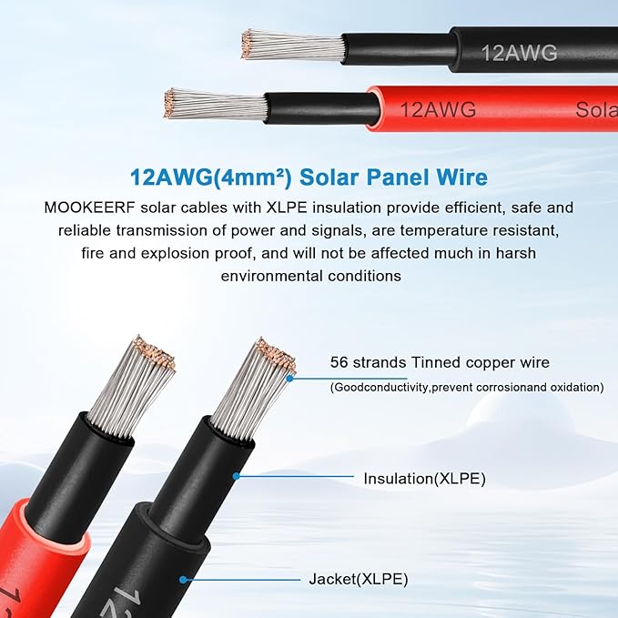 MOOKEERF Solar Panel Extension Cable - 12AWG 50FT Solar Wire with Female &amp Male Waterproof Connector PV Wire for RV Photovoltaic Systems Home Boat Solar Panels Car(50FT Red + 50FT Black)