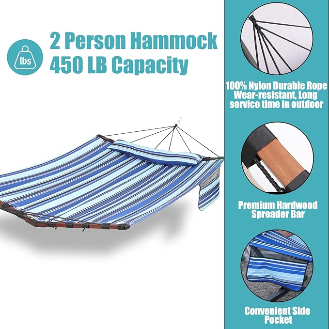 TegerDeger 12FT 2 Person Hammock Large Hammock 450LB Capacity with V Shaped Hardwood Spreader Bar &amp Nylon Rope for Outside Patio Garden Backyard Beach Poolside - Blue Stripes