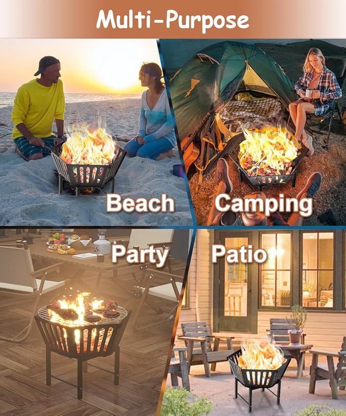 22.5 Inch Portable Hexagon Fire Pit with Travel Bag — Heightened Smokeless Design Outdoor Wood Burning Fire Pit for Camping Backyard Patio Bonfire Picnic and BBQ Vertical Hollow Style