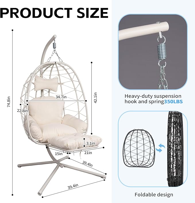 Hanging Egg Chair with Stand Outdoor Indoor Patio Rattan Swing Hammock Chairs with Washable Cushion PE Wicker Swing Chair for Backyard Bedroom Garden (White + White Cushion with Footrest)