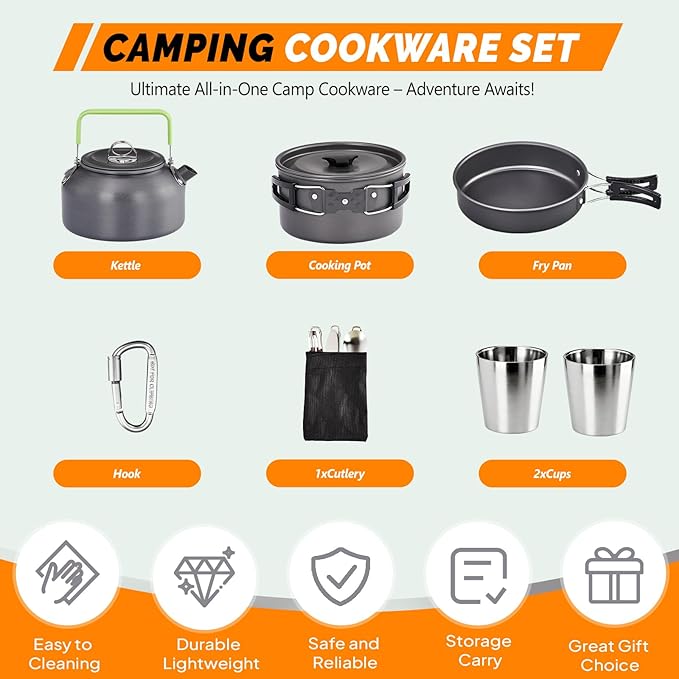 ROVSUN 34/10/6 pcs Camping Cookware Mess Kit Lightweight Non-Stick Camping Cooking Pot and Pan Set with Stainless Steel Camping Gear Kettle Cup for Open Fire Backpacking Outdoor Cooking