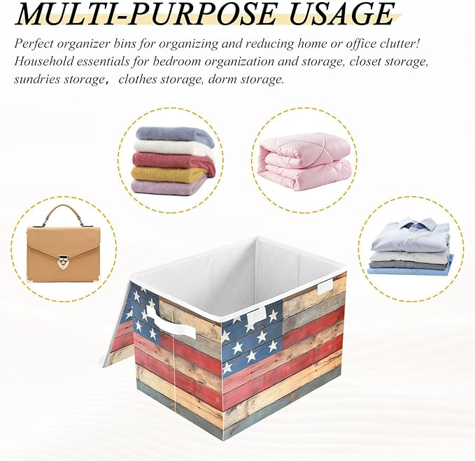 Storage Cube with Lid American Wood Floor Print 16.5×12.6×11.8 IN 1 Pack Collapsible Large Capacity Foldable Storage Basket Bin Organizer
