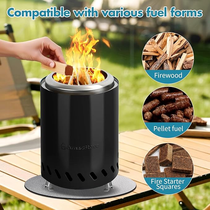9.7 x 7.1 Inch Tabletop Fire Pit by AmazStove Low Smoke Camping Stove for Outdoor Safe Burning Firepits Fueled Pellets or Wood Travel Bag Included (Black 9.7 x 7.1 INCH)