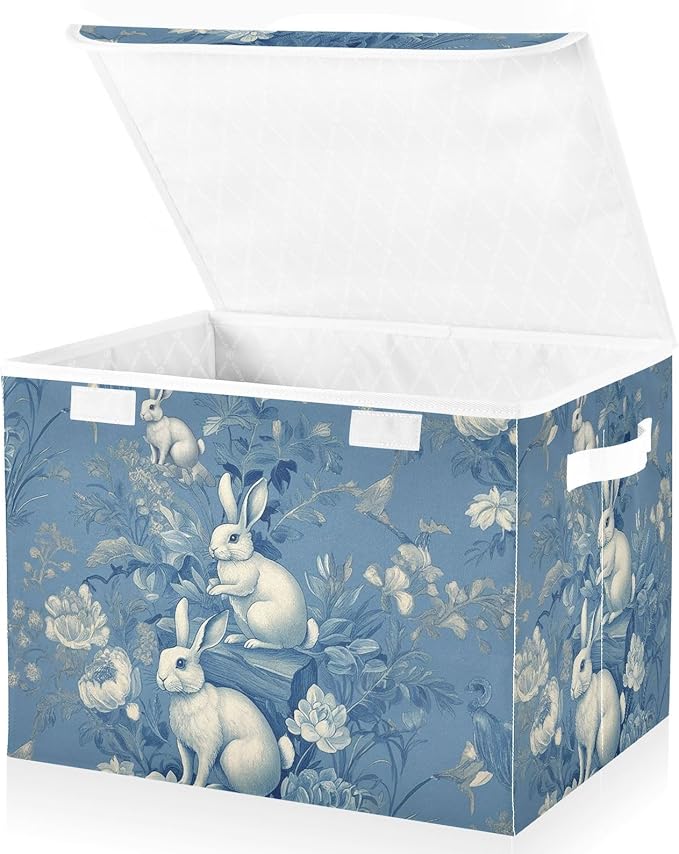 susiyo Large Foldable Storage Bin with Flip-Top Lid Chinoiserie Rabbits Storage Box Collapsible Closet Organizer Containers Boxes Decorative Baskets with Handles for Home Bedroom Living Room Office