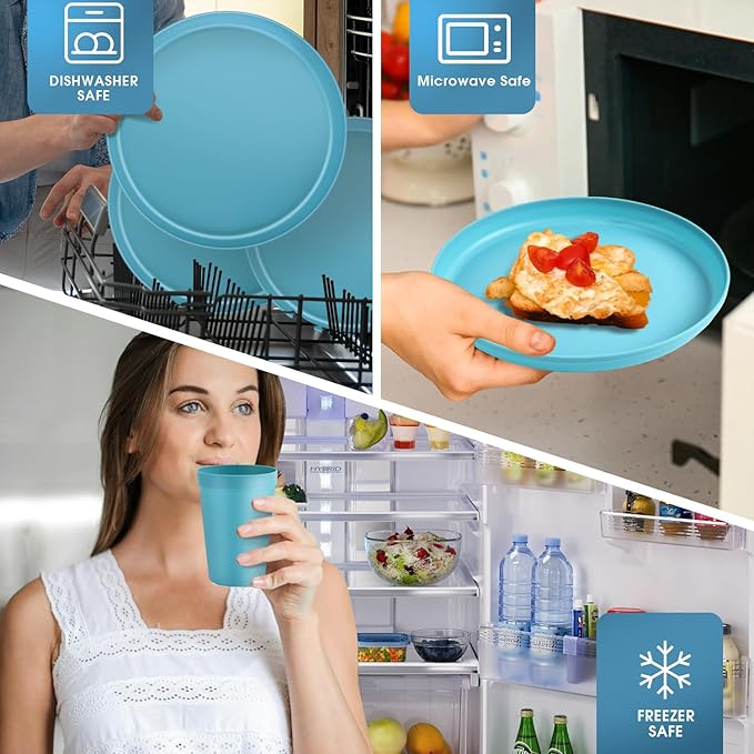40 Piece Plastic Dinnerware Set for 8 with Cutlery Unbreakable Plates and Bowls Set Dishwasher &amp Microwave Safe Reusable Dish Set for Camping RV Outdoor Kitchen Apartment Dining Teal