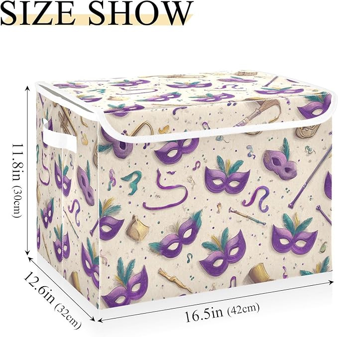Beige Shrove Tuesday Masks Storage Box with Lid 1 PC Foldable Storage Bin with Lids Stackable Storage Bins Cube Closet Organizer Basket with Flip-Top Lid &amp Handles for Shoes Books Towels