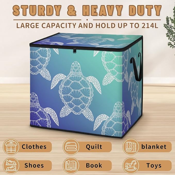 Large Sea Turtles Storage Bags with Lid XL Blanket Clothes Storage Bins Foldable Organizers Storage Containers with Handle for Comforters Bed Sheets Pillows Sea Animal Turtle