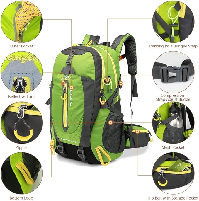 HUIOP Camping Backpack 40L Water Resistant Travel Backpack Camp Hike Laptop Daypack Trekking Climb Back Bags For Men Women