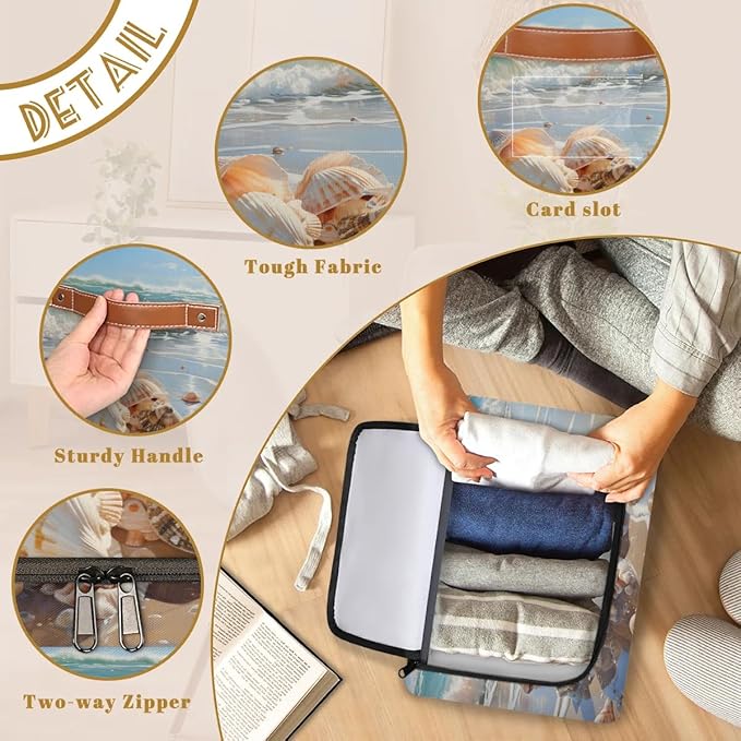 Shell Beach Storage Bins with Zipper Lid 2pcs Stackable Storage Baskets Boxes with Metal Frame Closet Storage Cube Bin Organizer with PU Handles Clothes Storage Bag