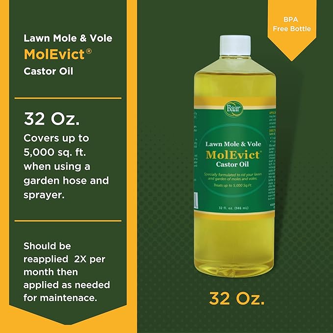 Baar Products - MolEvict Lawn Mole Castor Oil - Mole &amp Vole Repellent - Lawn &amp Garden Protection - Up to 5000 Sq. Ft. of Coverage - Safe for Use Around House &amp Plants - 32 Ounces
