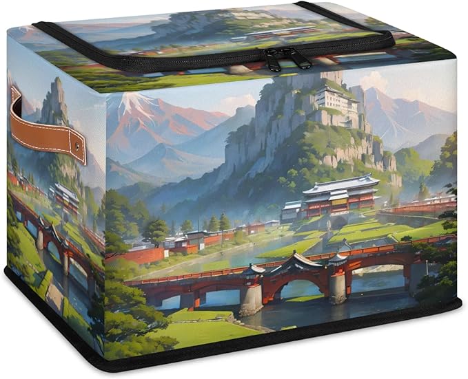 Cartoon Hills Storage Bins with Zipper Lid Collapsible Storage Bags Closet Organizer Leather Handles Foldable Storage Baskets Boxes with Leather Handles for Nursery Bedroom Clothes Toy