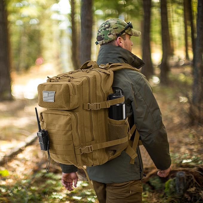 45L Military Tactical Backpack For Men and Women Molle Daypack 3 Day Bug Out Bag Hiking Gym Backpack Rucksack With Bottle Holder Khaki