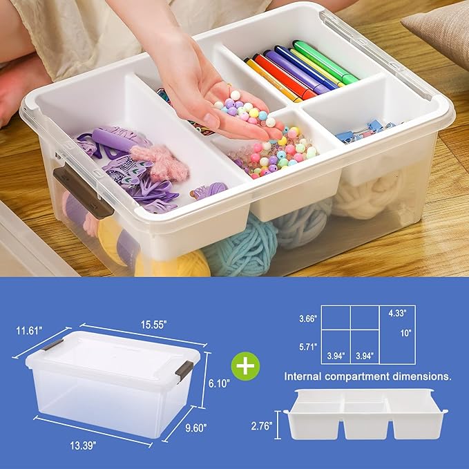 MACOPRO 17 QT Plastic Storage Box with Removable Tray Bins with Lids Clear Storage Container for Craft Supplies Beads Tools Sewing and Playdoh Organization (White 1Pack-17QT)