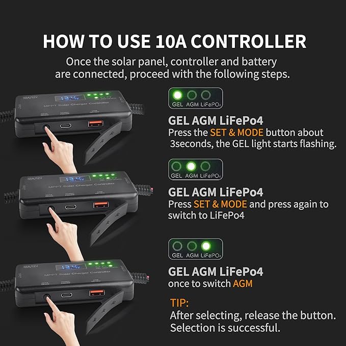 MPPT Solar Charge Controller 12V 10A with Wire Connectors Solar Panel Charge Controller with Type-C and USB Output for Gel AGM LiFePO4 Battery