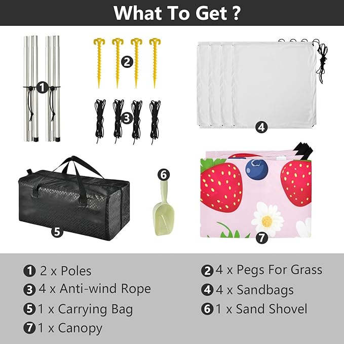 Beach Canopy with Windproof Ropes &amp Sandbags Beach Tent Sun Shade Sun Shelter for Camping Trips Fishing Backyard Fun or Picnics Strawberries