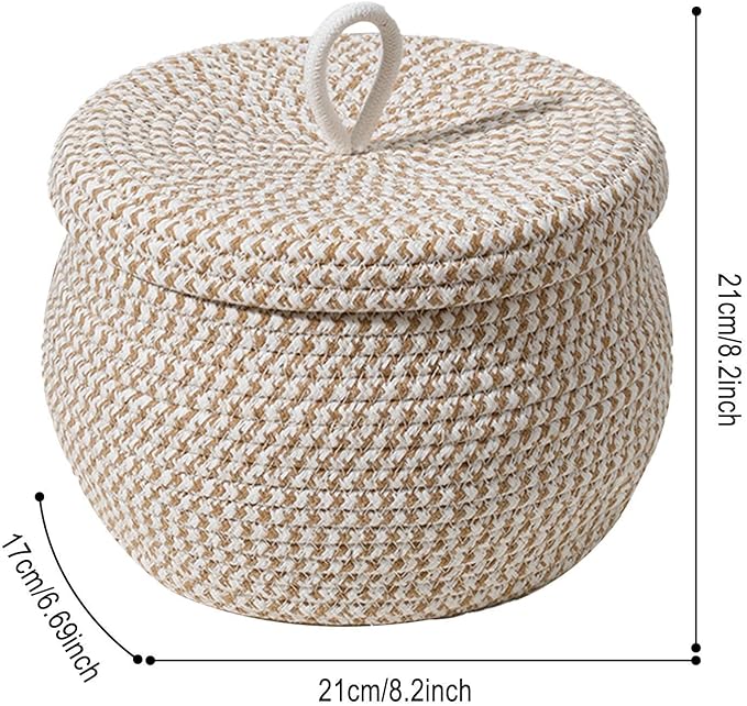 Rope Woven Basket - Round Rope Organizer Cotton Table Basket Covered Storage Bin | Stylish Decorative Utility Holder Soft Lid Container with Sturdy Shape for Napkins Sundries Snacks Makeup Towels