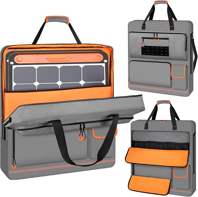 Solar Panel Storage Bag with Orange Lining Deepened Opening Zipper with Pull and Multi-Accessory Space Solar Panel Travel Carrying Case Fit for Jackery SolarSaga 100W 100X 200W Gray