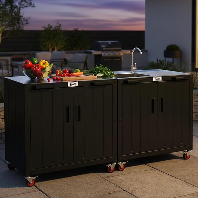 Feasto Outdoor Grill Cart with Storage Cabinet and Stainless Steel Top 35-Inch Outdoor Grill Station with Door Modular Kitchen Island for Food Prep and BBQ Black &amp Silver
