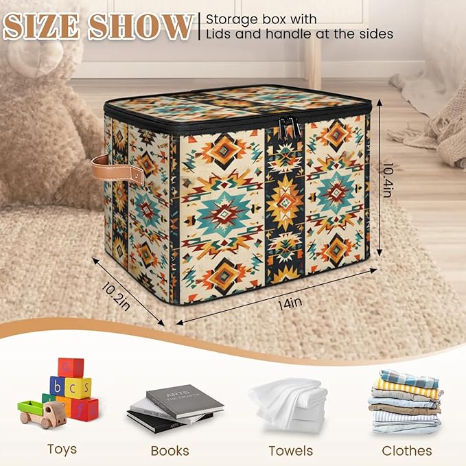 Boho Aztec Storage Bins with Zipper Aztec Western 2 Pack Lid Fabric Storage Boxes Home Cubes Baskets Clothes Organizer Container