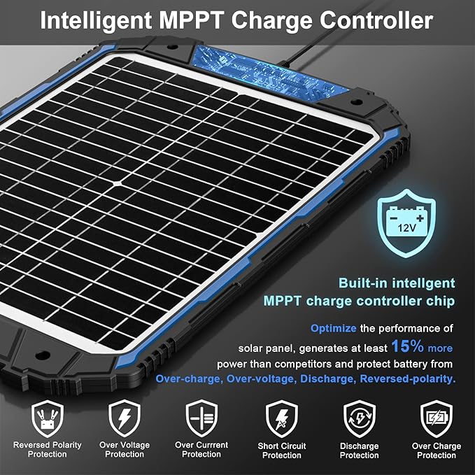 SUNER POWER 20W 12V Solar Battery Trickle Charger &amp Maintainer PRO Built-in Intelligent MPPT Controller Waterproof 12 Volt 20 Watt Solar Panel Charging Kits for Car Marine RV Trailer Boat Automo