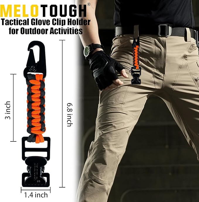 MELOTOUGH Tactical Glove Clip Braided Paracord Work Glove Holder Clip for Tactical Backpack Tool Belt Outdoor Accessary (Orange&amp Lime)