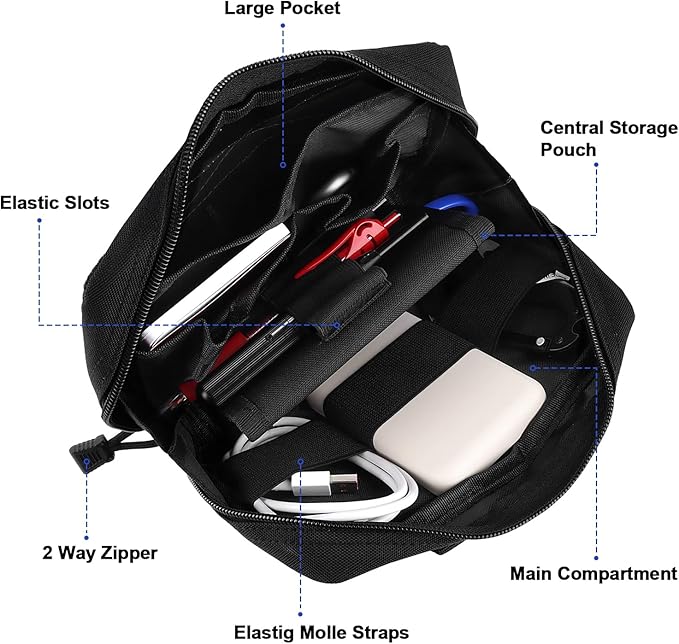FOCUHUNTER Tactical Molle Pouch Zippered Horizontal Modular Pouches 1000D Oxford Fabric Tactical Waist Pack Utility EDC Tool Organizer with Map Sleeve Vertical Strap &amp Metal Snap 8 L x 3 W x