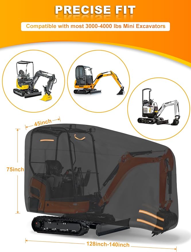 Mini Excavator Cover Fits 3000-4000 lbs Models 420D Oxford-Fabric Zippered Excavators Cover Compatible with Bobcat E20/Kubota U17/John Deere 17G/Yanmar ViO17 Waterproof UV Dust Snow Rain Protection