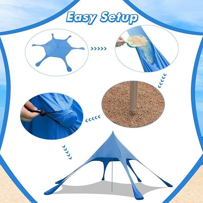 HAPPYGRILL Beach Canopy Sun Shelter with Aluminum Pole 20 FT x 20 FT UPF 50+ Pop Up Tent with Sandbags Tent Pegs Sand Shovel Carry Bag Portable Outdoor Sunshade for Camping Sport Events Picnic