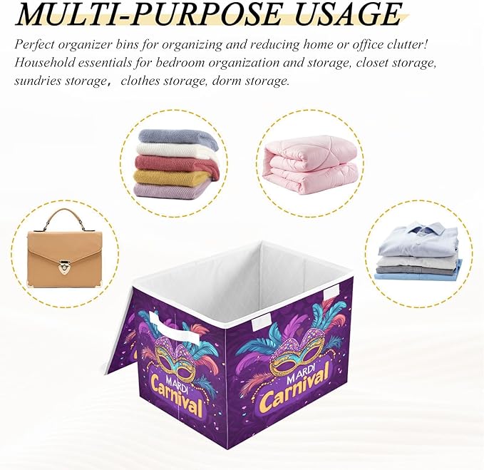 Mardi Gras Mask Storage Baskets with Lids Collapsible Bins Stackable Fabric Linen Baskets Closet Organizer Container 16.5x12.6x11.8