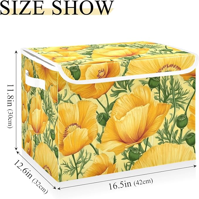 Collapsible Storage Bins with Lids Decorative Fabric Storage Cubes Closet Organizer and Storage Basket Boxes Containers for Clothes Box Chest Nursery Folding Rectangle Yellow Poppy Flowers