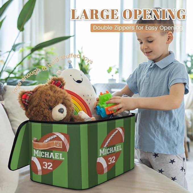 Custom Storage Bins with Zipper Lid Football Personalized Foldable Storage Baskets Green Stripes Closet Shelf Clothes Organizer Cube with PU Leather Handles