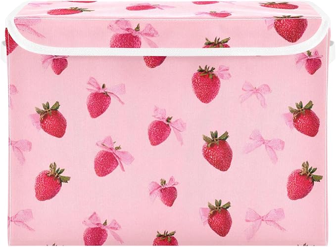 Collapsible Storage Bins with Lids Decorative Fabric Storage Cubes Closet Organizer and Storage Basket Boxes Containers for Clothes Box Chest Nursery Folding Rectangle Red Strawberry Bows