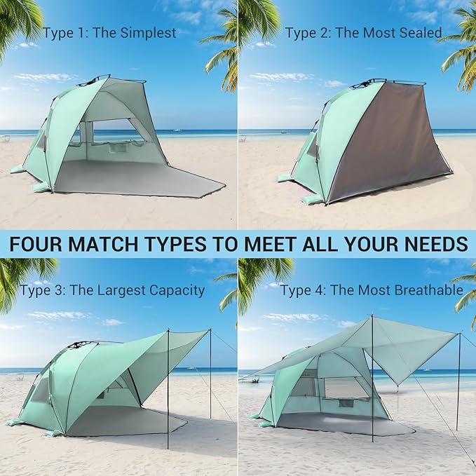Elegear CumbreX™ Beach Tent with 360° Removable Canopy 4-6 Person Pop Up Sun Shade Shelter UPF 50+ Automated Installation Double Silver Coating Portable Lightweight Beach Cabana for Outdoor - Green