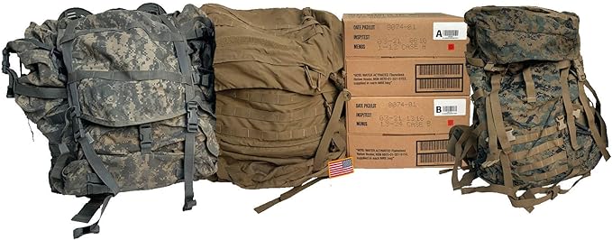 Genuine Previously Issued Military Ruck Sack - Military MRE Go Bag - 2021 Inspection Date - 24 Military MREs (2 Cases) with US Flag Patch (MOLLE ACU Ruck)