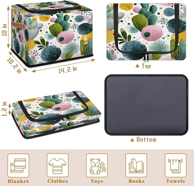 Cactus Storage Bins with Lids Green Plant Collapsible Cube Storage Basket with Leather Handle Foldable Storage Box with Lids for Organizing Home Closet